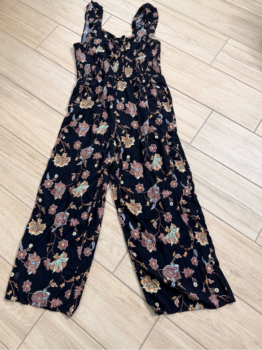 Cato Floral Smocked Jumpsuit XL Wide Leg Boho Sleeveless Rayon Romper